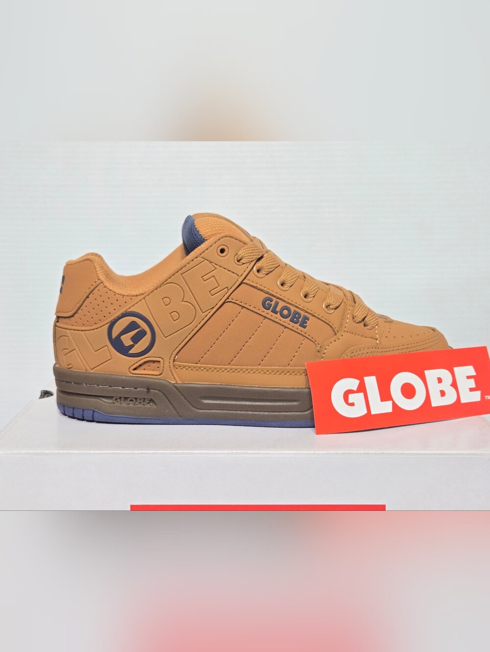 Globe Men’s Tan Low-Top Skate Sneaker w/ Navy Accents Tilt Burnt Caramel